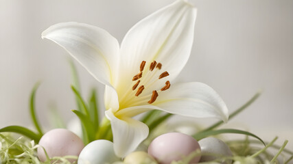 A delicate Easter egg nestled in soft straw, surrounded by pastel lilies and tulips, with a blurred sunny spring morning backdrop, evoking the warmth and renewal of Easter.