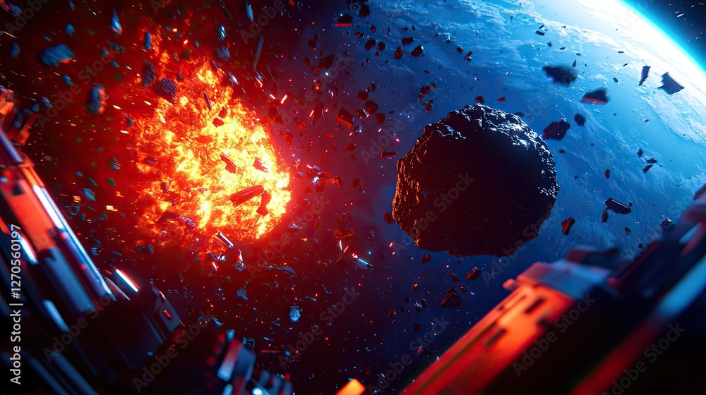 Wall mural asteroid impact idea. spectacular space scene with exploding asteroid and distant planets.