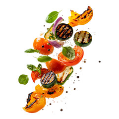 falling grilled vegetables isolated on transparent background, in PNG format, cut out