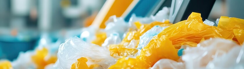 Plastic bag recycling process, industrial machines sorting and shredding plastic waste efficiently