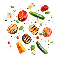 falling grilled vegetables isolated on transparent background, in PNG format, cut out