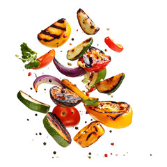 falling grilled vegetables isolated on transparent background, in PNG format, cut out