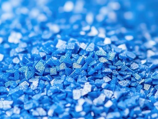 Close-up of vibrant blue polyethylene granules, raw plastic resin used in plastic production and molding processes.