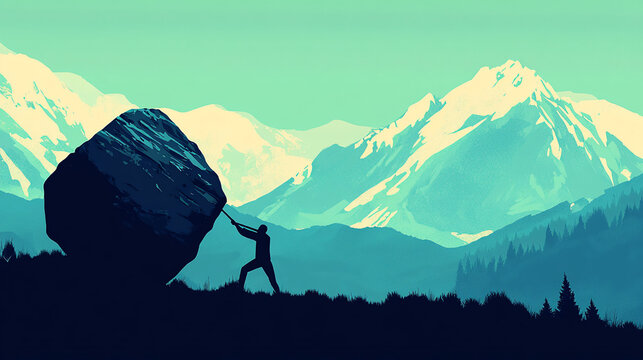 Perseverance illustrated by pushing a boulder towards snow-capped peaks