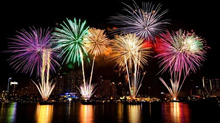 Bright fireworks explode over city skyline reflected in dark water