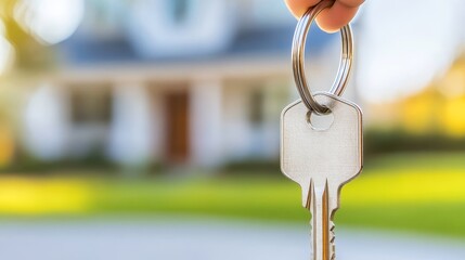 Close-up of a hand holding a house key in front of a blurred home, symbolizing new beginnings