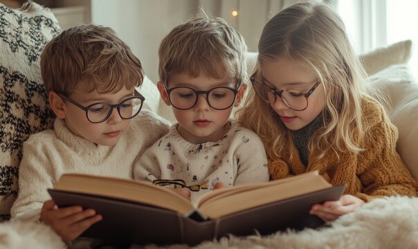 Children wearing glasses and reading together for myopia prevention. Featuring a cozy library corner with warm lighting