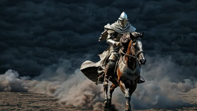 A knight in armor charges forward on horseback through a dusty battlefield. Low-angle shot enhances the dramatic, cinematic video feel.