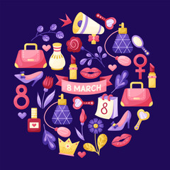 March 8 Women's Day round Illustration Set. Elements for design on dark background. Isolated vector illustration.