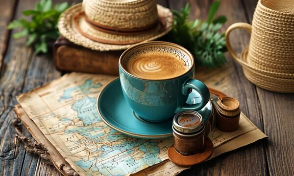 A serene coffee moment on a vintage map with travel essentials and natural decor