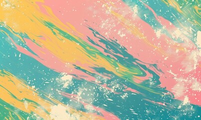 A colorful abstract painting with splatters of paint and a blue