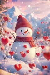Pink snowman with hearts in a winter wonderland on a blurry background