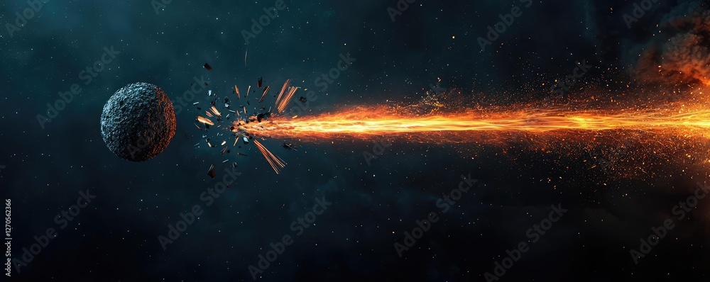 Wall mural asteroid impact concept. explosive cosmic event with an asteroid and fiery energy beam in outer spac