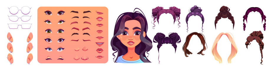 Young woman face construction set isolated on white background. Vector cartoon illustration of female character avatar constructor, different color eyes, eyebrows, noses, lips, hairstyles, body parts © klyaksun