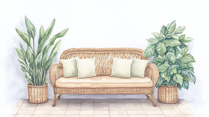 Fototapeta premium Watercolor Patio Sofa with Plants