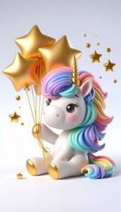 Fototapeta premium Cute unicorn holding gold star balloons in a bright studio setting whimsical concept art