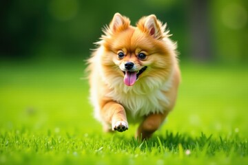 Pomeranian running in green grass, tongue out, outdoor fun, running