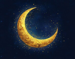 Naklejka premium A golden crescent moon adorned with intricate designs, set against a navy blue starry background, perfect for dreamy night-themed events, astrology, or celebrations.