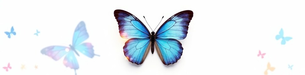 Single blue butterfly, multicolored accents, pure white background, butterfly, nature, white