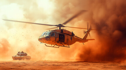 A helicopter is flying over a battlefield with soldiers on the ground