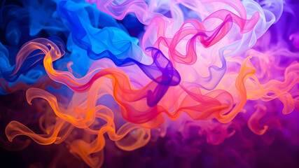 Fototapeta premium A mesmerizing burst of colorful smoke swirls and expands in midair, with tendrils of deep blue, fiery orange, and neon purple, creating a dreamlike, ethereal composition enhanced by soft light.