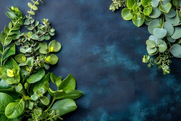 Green leaves frame on dark background, nature backdrop