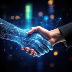 A human and a robotic hand shake, symbolizing partnership and technology.