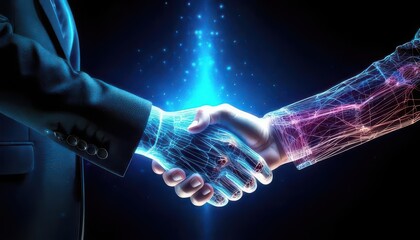 Futuristic handshake between a human hand and a robotic one, symbolizing collaboration and technology.