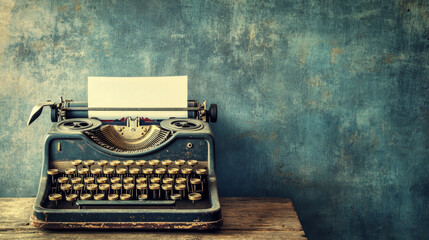 A vintage typewriter with round keys and a paper sheet inserted, sitting on a textured wooden table