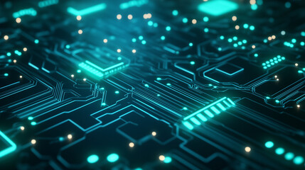 Fototapeta premium Illuminated Circuit Board: A close-up view of a cutting-edge circuit board, glowing with intricate neon patterns, symbolizing the rapid evolution of technology and the digital age. 