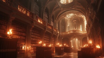 Obraz premium An ancient library filled with towering bookshelves and magical glowing orbs