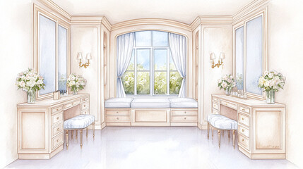 Fototapeta premium Elegant Dressing Room Design Watercolor Illustration
