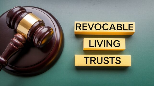 Gavel alongside revocable living trusts text on blocks