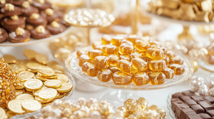 Delectable Dessert Display: A close-up shot showcasing an array of exquisite desserts, featuring a tempting assortment of treats arranged on elegant platters.