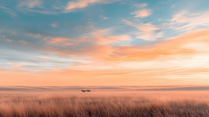 Obraz premium Two deer stand in a vast grassy field under a colorful pastel sky during a serene sunrise.