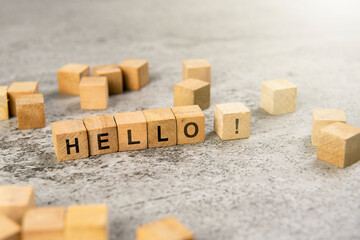 Communication concept, introduction. HELLO word on wooden cubes