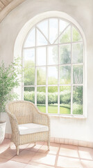 Fototapeta premium Tranquil Room with Wicker Chair and Garden View
