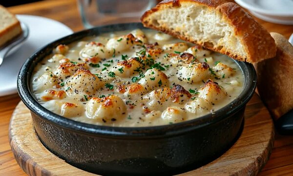Creamy seafood chowder served in a rustic bowl alongside freshly baked bread, set on a wooden table