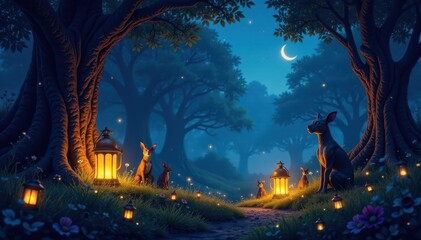 Glowing lanterns illuminate mystical creatures in an enchanted forest at night , fantasy art, leaves