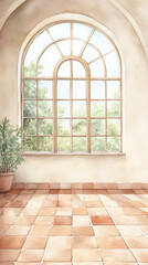Fototapeta premium Tranquil Watercolor Interior with Arch Window