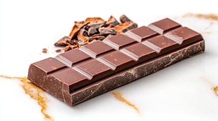 A luxurious piece of rich and creamy chocolate on a white background showcasing its glossy finish and tempting texture