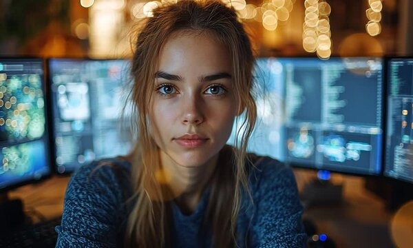 Focused young woman in a cozy workspace surrounded by glowing computer screens and soft lights