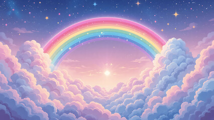 Fototapeta premium Pastel Dreamland with Vibrant Rainbow, dreamy cloudscape illustration