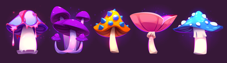 Obraz premium Magic mushroom set with glowing fantasy elements - dripping neon caps, crystal spikes, luminous stems. Fairytale alien illuminated fungi collection on dark background for game design assets.