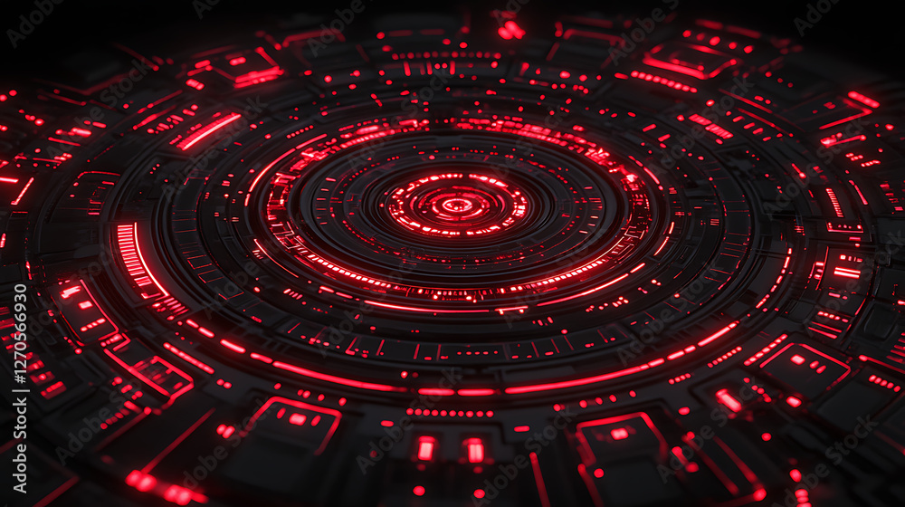 Poster circular technological interface platform dark gray and red color scheme abstract design