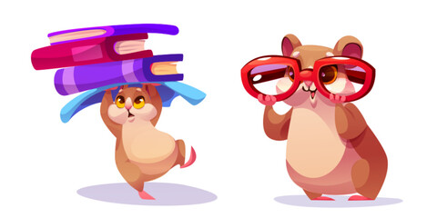 School hamster characters with study items - cheerful rodent carrying stack of colorful books, smiling pet wearing oversized red glasses. Educational mascot illustrations for children learning design.