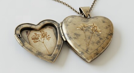 Antique Heart-Shaped Locket Necklace with Dried Flowers: A Vintage Charm