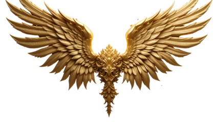 Majestic golden wings spread against a dark background, digital art with intricate detail
