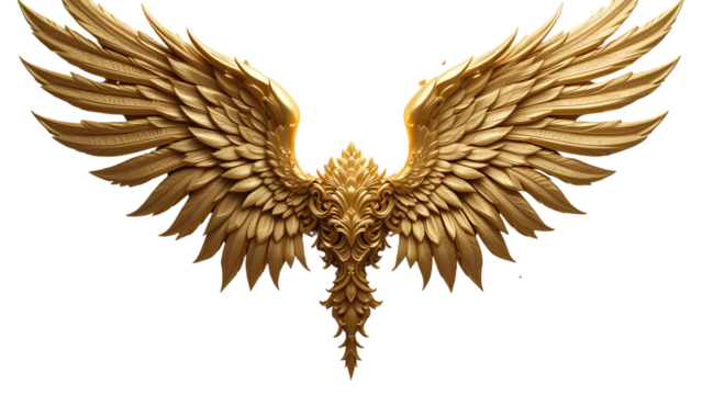 Majestic golden wings spread against a dark background, digital art with intricate detail