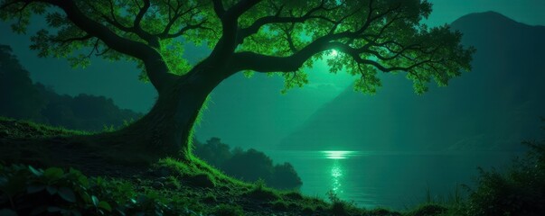 Thick bioluminescent vines climb oak, vibrant green light, twining, jungle